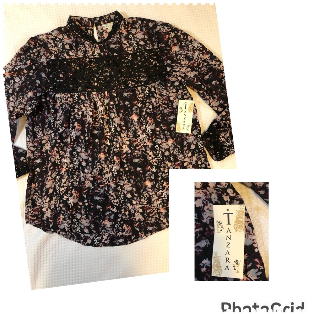 TANZARA - Women's Large - NEW - Black Pink Floral Lace Panel Blouse  - MSRP $43